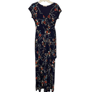 Le Lis Jes Faux Wrap Navy Floral Maxi Dress Size XS/S Stitch Fitch Stretchy